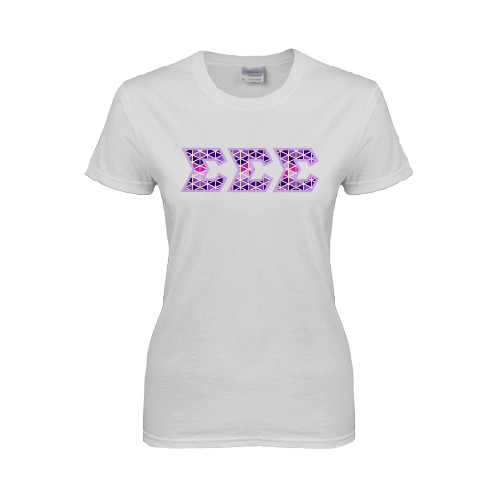 Womens White Short Sleeve Tee-Greek Style Letters - Tri Sigma Pattern