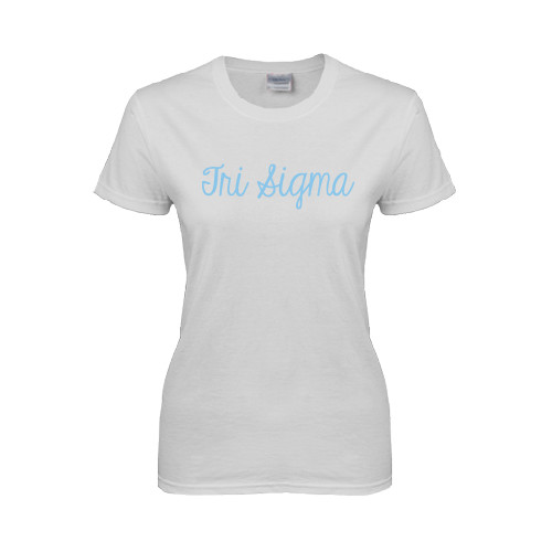 Womens White Short Sleeve Tee-Curly Script Tri Sigma