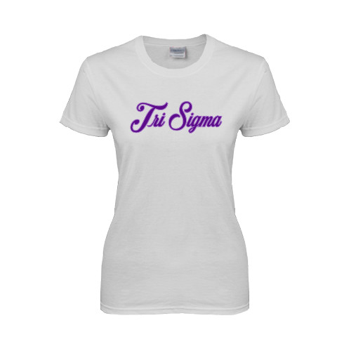 Womens White Short Sleeve Tee-Fancy Script Tri Sigma