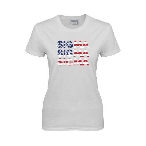 Womens White Short Sleeve Tee-Sigma Sigma Sigma American Flag