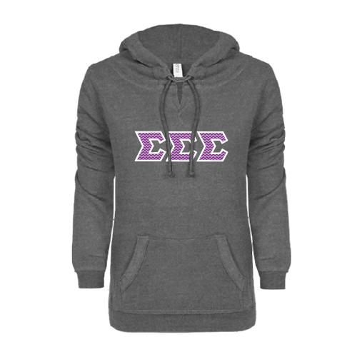 ENZA Womens Dark Heather V Notch Raw Edge Fleece Hoodie-Greek Style Letters - Chevron