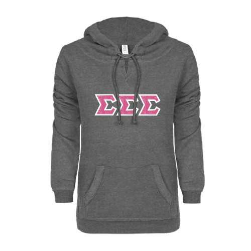 ENZA Womens Dark Heather V Notch Raw Edge Fleece Hoodie-Greek Style Letters - Lace