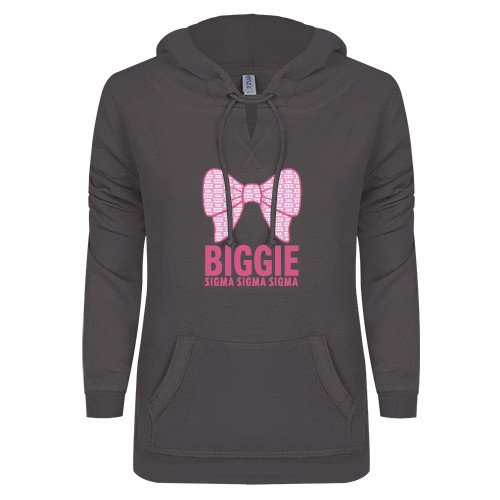ENZA Womens Dark Heather V Notch Raw Edge Fleece Hoodie-Biggie Bow