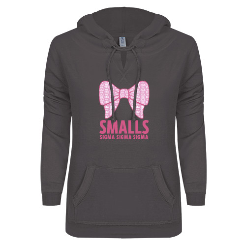 ENZA Womens Dark Heather V Notch Raw Edge Fleece Hoodie-Smalls Bow