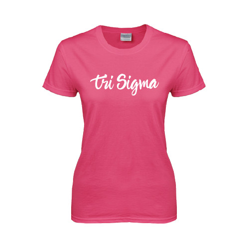 Womens Hot Pink Short Sleeve Tee-Ink Script Tri Sigma
