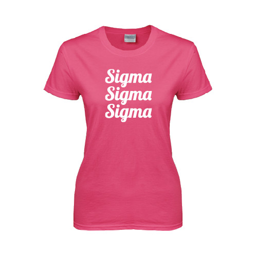 Womens Hot Pink Short Sleeve Tee-Scripted Sigma Sigma Sigma Stacked