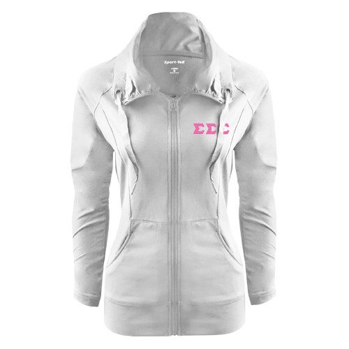 Womens White Sport Wick Stretch Full Zip Jacket-Glitter Greek Style Letters