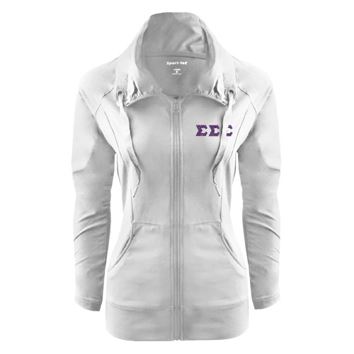 Womens White Sport Wick Stretch Full Zip Jacket-Glitter Greek Style Letters