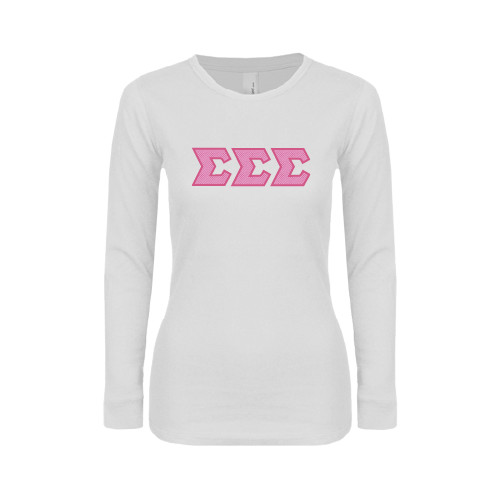Womens White Long Sleeve V Neck Tee-Greek Style Letters - Polka Dot