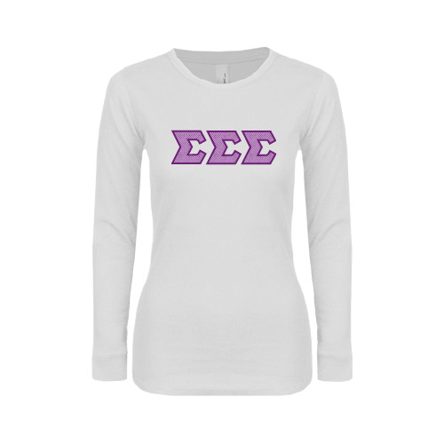 Womens White Long Sleeve V Neck Tee-Greek Style Letters - Polka Dot