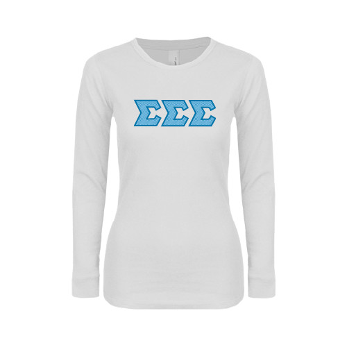 Womens White Long Sleeve V Neck Tee-Greek Style Letters - Polka Dot