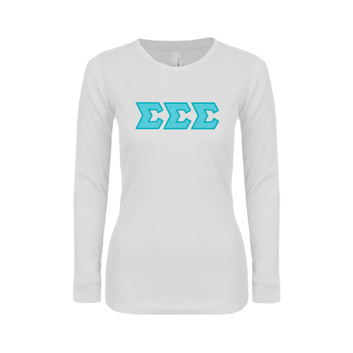Womens White Long Sleeve V Neck Tee-Greek Style Letters - Polka Dot