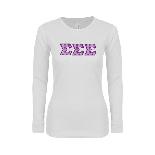 Womens White Long Sleeve V Neck Tee-Greek Style Letters - Chevron
