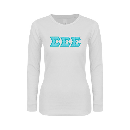 Womens White Long Sleeve V Neck Tee-Greek Style Letters - Lace