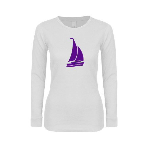 Womens White Long Sleeve V Neck Tee-Sailboat