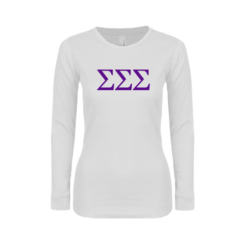 Womens White Long Sleeve V Neck Tee-Greek Letters - One Color