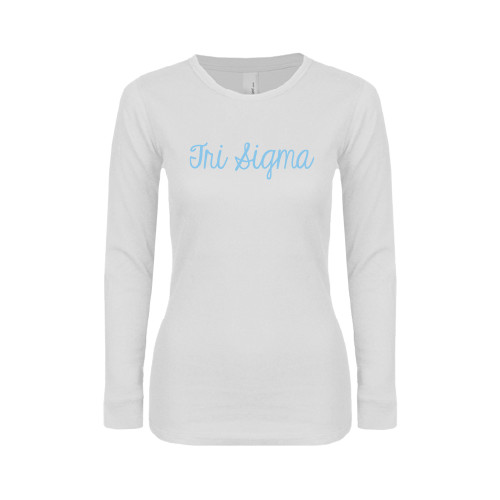 Womens White Long Sleeve V Neck Tee-Curly Script Tri Sigma