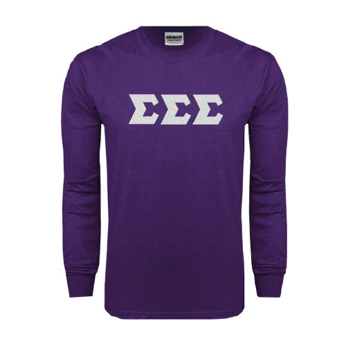 Purple Long Sleeve T Shirt-Glitter Greek Style Letters