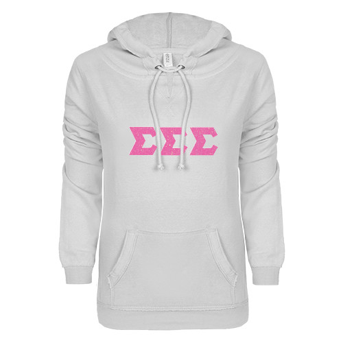 ENZA Womens White V Notch Raw Edge Fleece Hoodie-Glitter Greek Style Letters