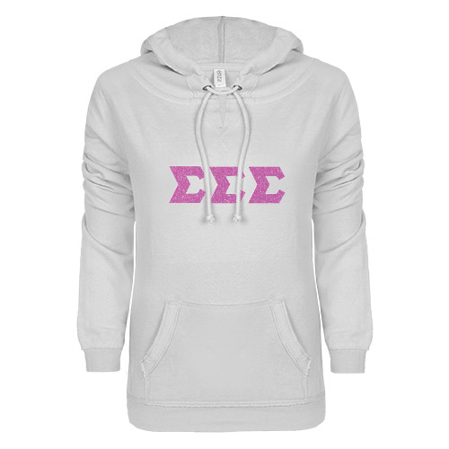 ENZA Womens White V Notch Raw Edge Fleece Hoodie-Glitter Greek Style Letters