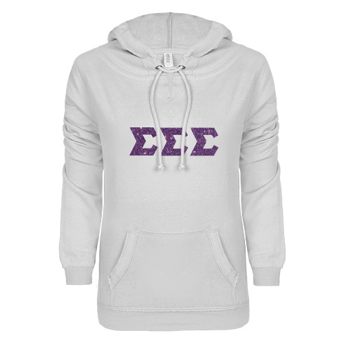 ENZA Womens White V Notch Raw Edge Fleece Hoodie-Glitter Greek Style Letters