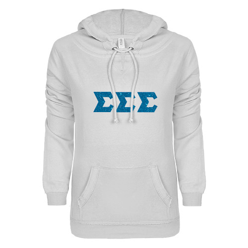 ENZA Womens White V Notch Raw Edge Fleece Hoodie-Glitter Greek Style Letters