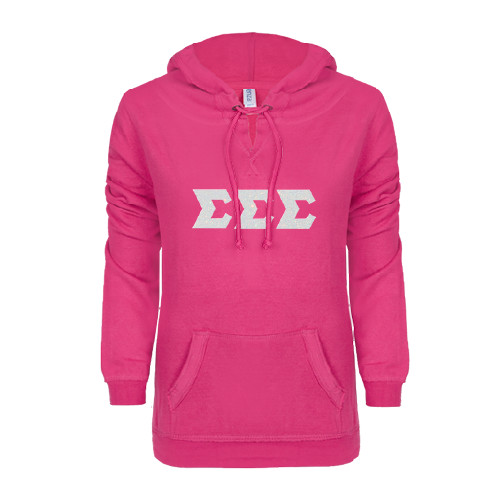 ENZA Womens Hot Pink V Notch Raw Edge Fleece Hoodie-Glitter Greek Style Letters