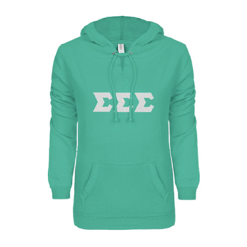 ENZA Womens Seaglass V Notch Raw Edge Fleece Hoodie-Glitter Greek Style Letters