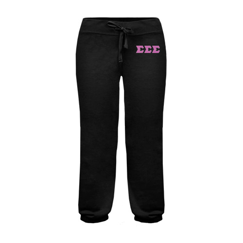 ENZA Womens Black Banded Fleece Capri-Glitter Greek Style Letters