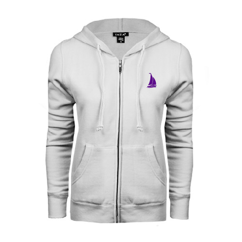 ENZA Womens White Fleece Full Zip Hoodie-Sailboat
