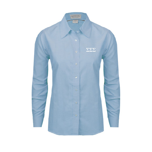 Womens Light Blue Oxford Button Down-Greek Letters - One Color