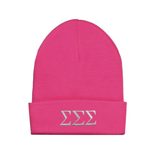 Fleece Lined Neon Pink Knit Beanie-Greek Letters - One Color