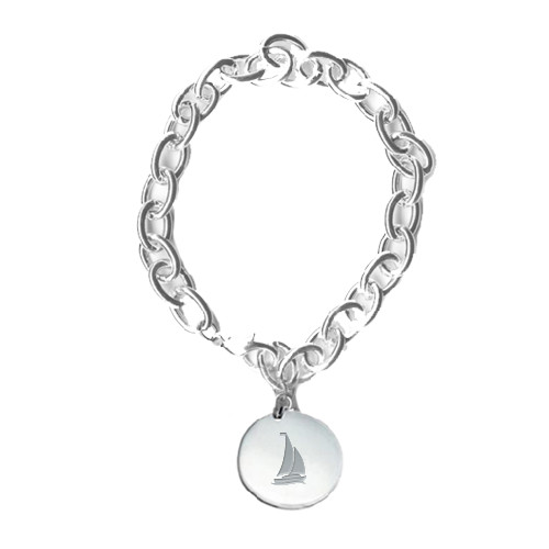 Silver Charm Bracelet with Round Charm-Sailboat Engraved