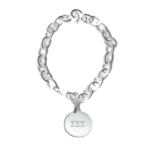 Silver Charm Bracelet with Round Charm-Greek Letters - One Color Engraved