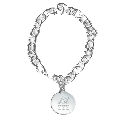 Silver Charm Bracelet with Round Charm-Lil Greek Letters Stacked Engraved