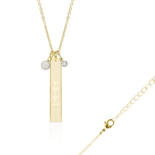 Olivia Sorelle Gold Drop Bar Necklace w/ Pearl and Jewel Charm-Greek Letters Stacked Engraved