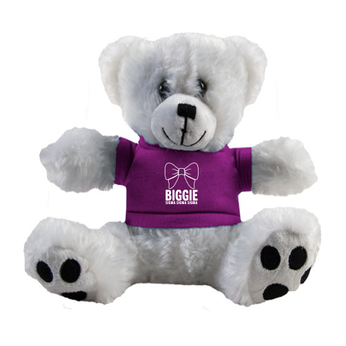 Plush Big Paw 8 1/2 inch White Bear w/Purple Shirt-Biggie Bow