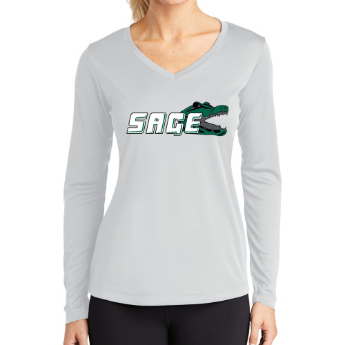  Womens White Performance Long Sleeve V Neck Shirt - Sage w/Gator Head