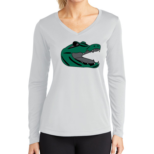  Womens White Performance Long Sleeve V Neck Shirt - Gator Head