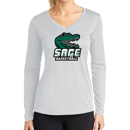  Womens White Performance Long Sleeve V Neck Shirt - Basketball