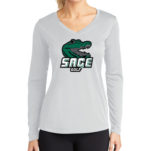  Womens White Performance Long Sleeve V Neck Shirt - Golf