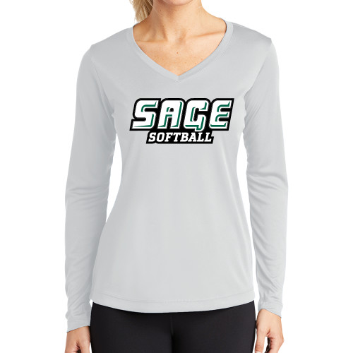  Womens White Performance Long Sleeve V Neck Shirt - Softball