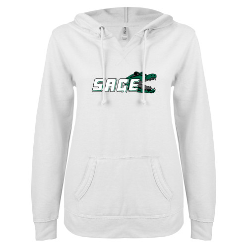  ENZA Womens White V Notch Raw Edge Fleece Hoodie - Sage w/Gator Head