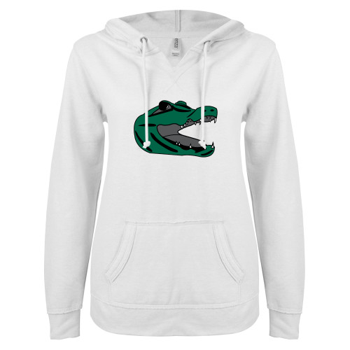  ENZA Womens White V Notch Raw Edge Fleece Hoodie - Gator Head