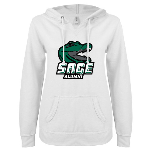  ENZA Womens White V Notch Raw Edge Fleece Hoodie - Alumni