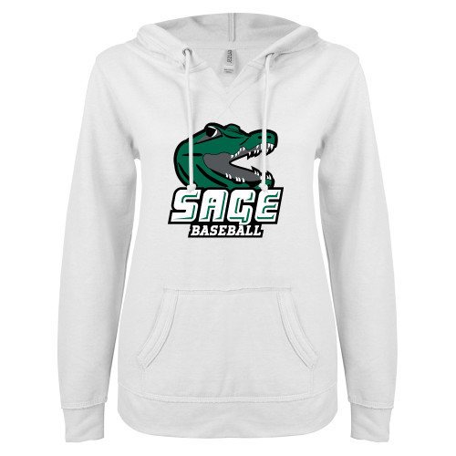  ENZA Womens White V Notch Raw Edge Fleece Hoodie - Baseball