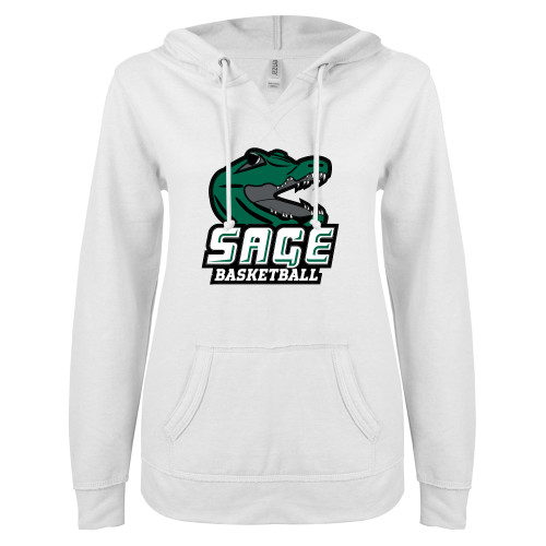  ENZA Womens White V Notch Raw Edge Fleece Hoodie - Basketball