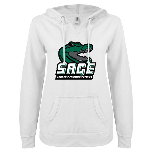  ENZA Womens White V Notch Raw Edge Fleece Hoodie - Athletic Communications