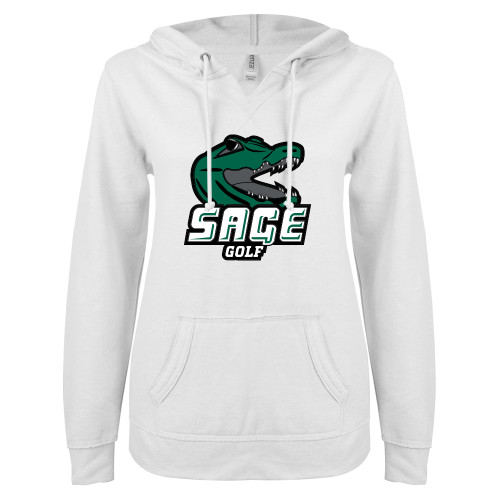  ENZA Womens White V Notch Raw Edge Fleece Hoodie - Golf