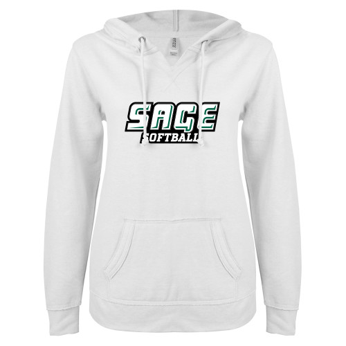  ENZA Womens White V Notch Raw Edge Fleece Hoodie - Softball